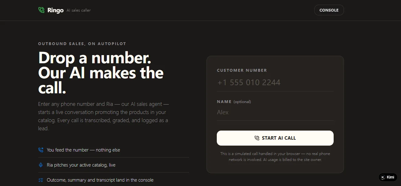Ringo AI sales caller application concept preview