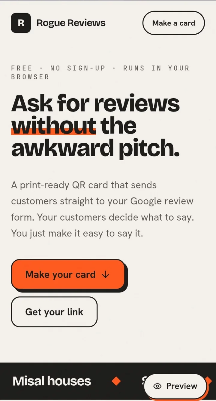 Rogue Reviews QR review-card generator preview